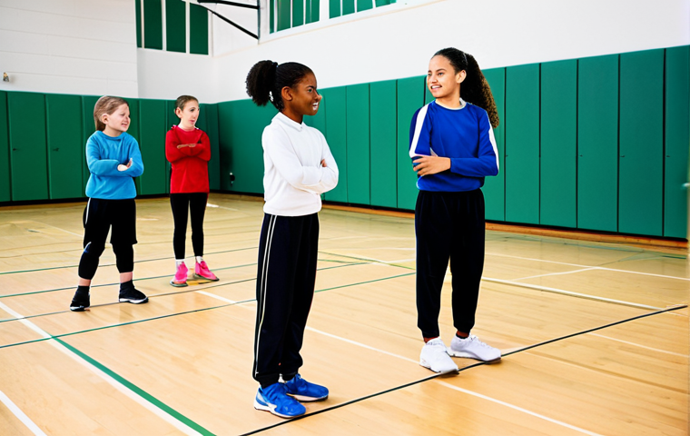 **Image Prompt for Physical Education:**
A diverse group of individuals, including children, teenagers, and adults, fully clothed in modest, appropriate athletic wear, participating in an inclusive physical education class in a bright, modern school gymnasium. A professional female physical education instructor, also in modest athletic attire, is guiding them with a warm, encouraging expression. The atmosphere is positive and collaborative, with natural lighting illuminating the active scene. perfect anatomy, correct proportions, natural poses, well-formed hands, proper finger count, natural body proportions, professional photography, high quality, sharp focus, safe for work, appropriate content, fully clothed, professional, family-friendly.