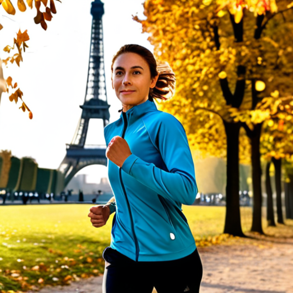 **
A professional female athlete, fully clothed in modest athletic wear, jogging through a park in Paris during the autumn. The Eiffel Tower is visible in the background. Golden sunlight filters through the trees, creating a warm and inviting atmosphere. Safe for work, appropriate content, perfect anatomy, correct proportions, natural pose, well-formed hands, proper finger count, natural body proportions, professional, family-friendly.
**