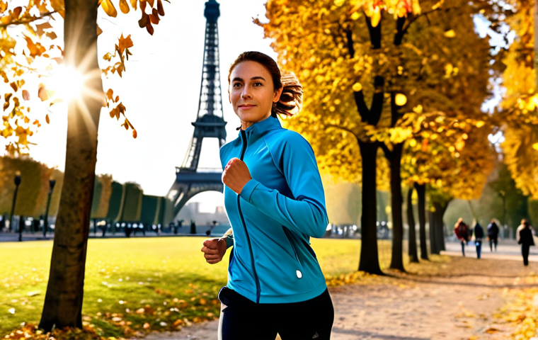 **
A professional female athlete, fully clothed in modest athletic wear, jogging through a park in Paris during the autumn. The Eiffel Tower is visible in the background. Golden sunlight filters through the trees, creating a warm and inviting atmosphere. Safe for work, appropriate content, perfect anatomy, correct proportions, natural pose, well-formed hands, proper finger count, natural body proportions, professional, family-friendly.
**