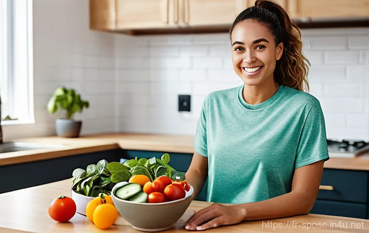 근육 회복 과정 - **Post-Workout Nourishment Bowl:** A fit, smiling young woman in her late 20s, dressed in stylish at...