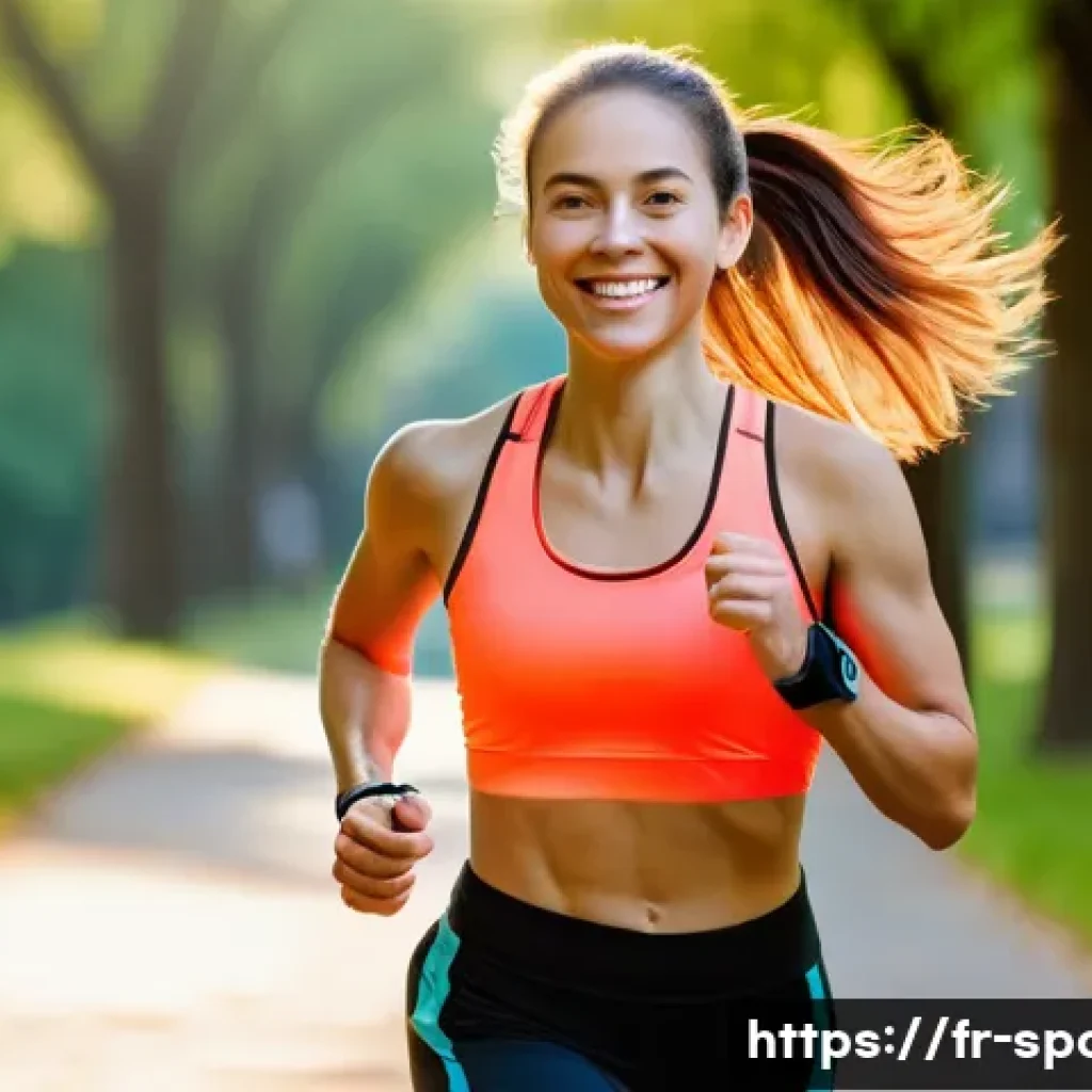 운동 적정 강도 - **A woman enjoying a moderate intensity run in an urban park.** She is in her late 20s, with a healt...