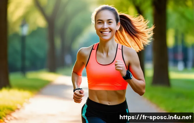운동 적정 강도 - **A woman enjoying a moderate intensity run in an urban park.** She is in her late 20s, with a healt...