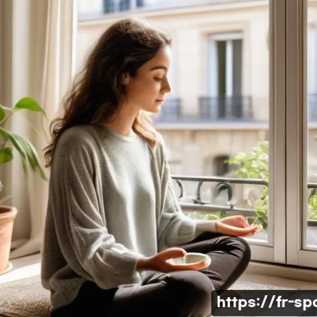심리적 회복력 - A serene scene of a French woman practicing mindful meditation in a sunlit Parisian apartment, surro...