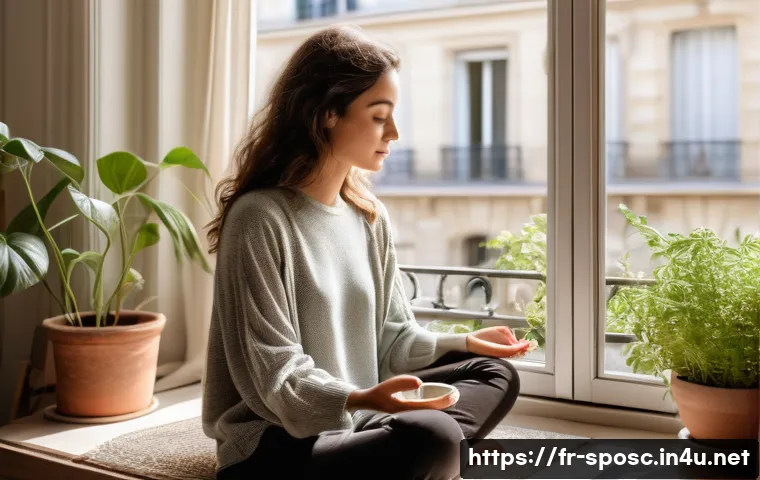 심리적 회복력 - A serene scene of a French woman practicing mindful meditation in a sunlit Parisian apartment, surro...