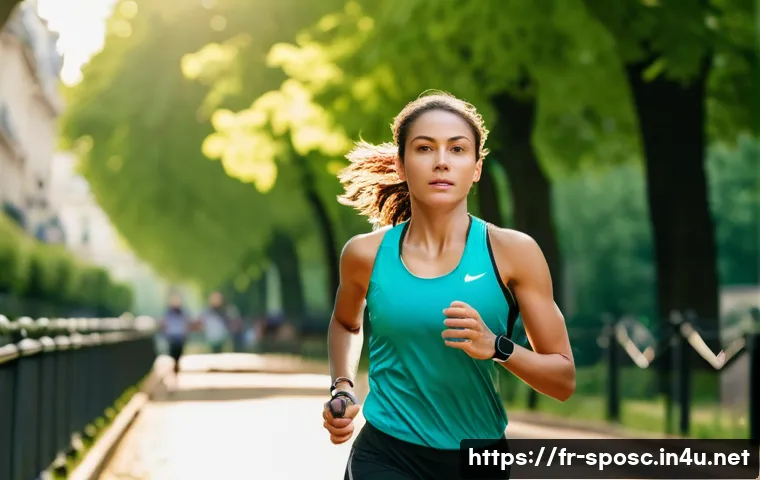 체력 훈련 강도 조절 - A focused young adult woman in athletic wear, using a heart rate monitor watch while running outdoor...