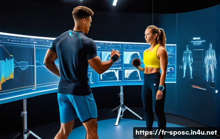 스포츠 과학 연구 방법론 - A dynamic sports science laboratory scene showing a male and female athlete wearing modern athletic ...