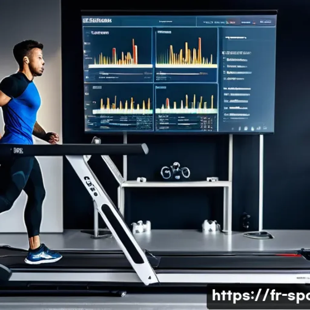 스포츠과학 연구 논문 - A dynamic sports science laboratory scene showing a professional athlete running on a treadmill equi...
