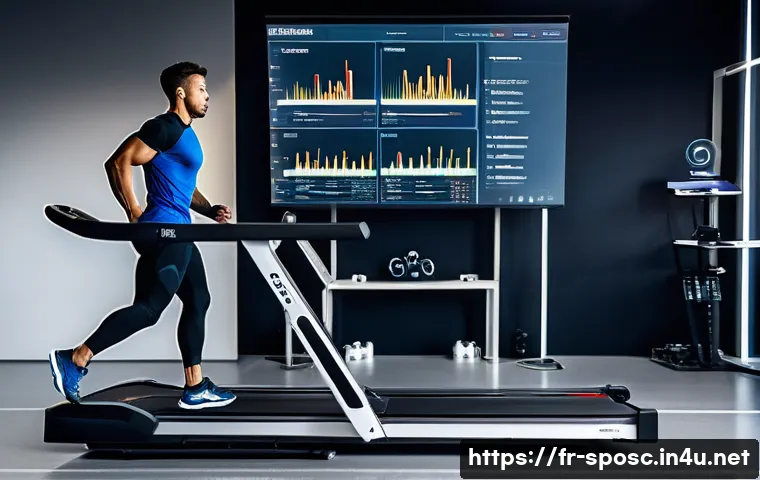 스포츠과학 연구 논문 - A dynamic sports science laboratory scene showing a professional athlete running on a treadmill equi...