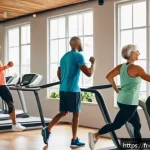 Home 20 스포츠 피지컬 트레이닝 - A diverse group of adults performing active recovery exercises in a bright, modern gym space, includ...