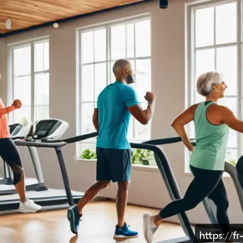 Home 32 스포츠 피지컬 트레이닝 - A diverse group of adults performing active recovery exercises in a bright, modern gym space, includ...