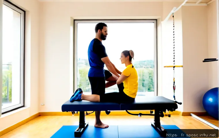 Home 17 스포츠 재활 프로그램 - Photorealistic sports rehabilitation session in a bright modern French physiotherapy clinic, athleti...